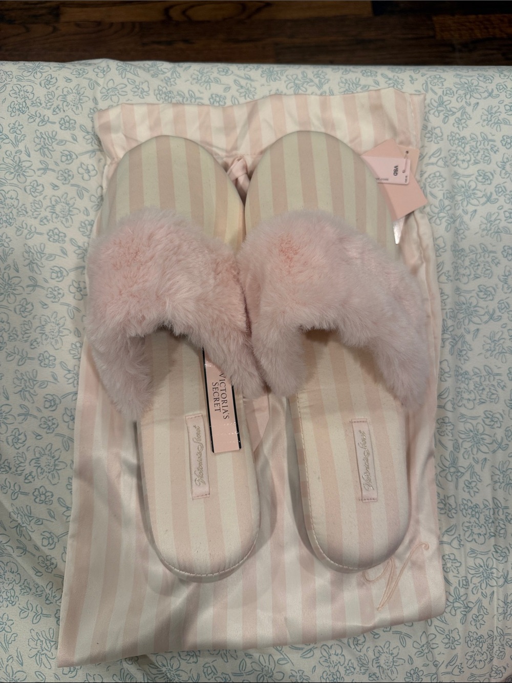 Victoria's Secret Pink Fuzzy Stripe Slide Slippers